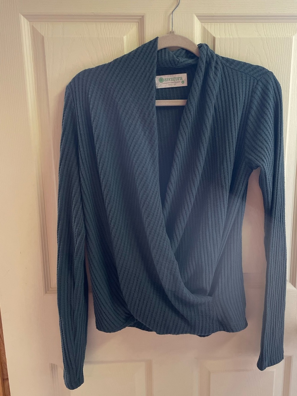 Aventura Teal Ribbed Draped V-Neck Sweater